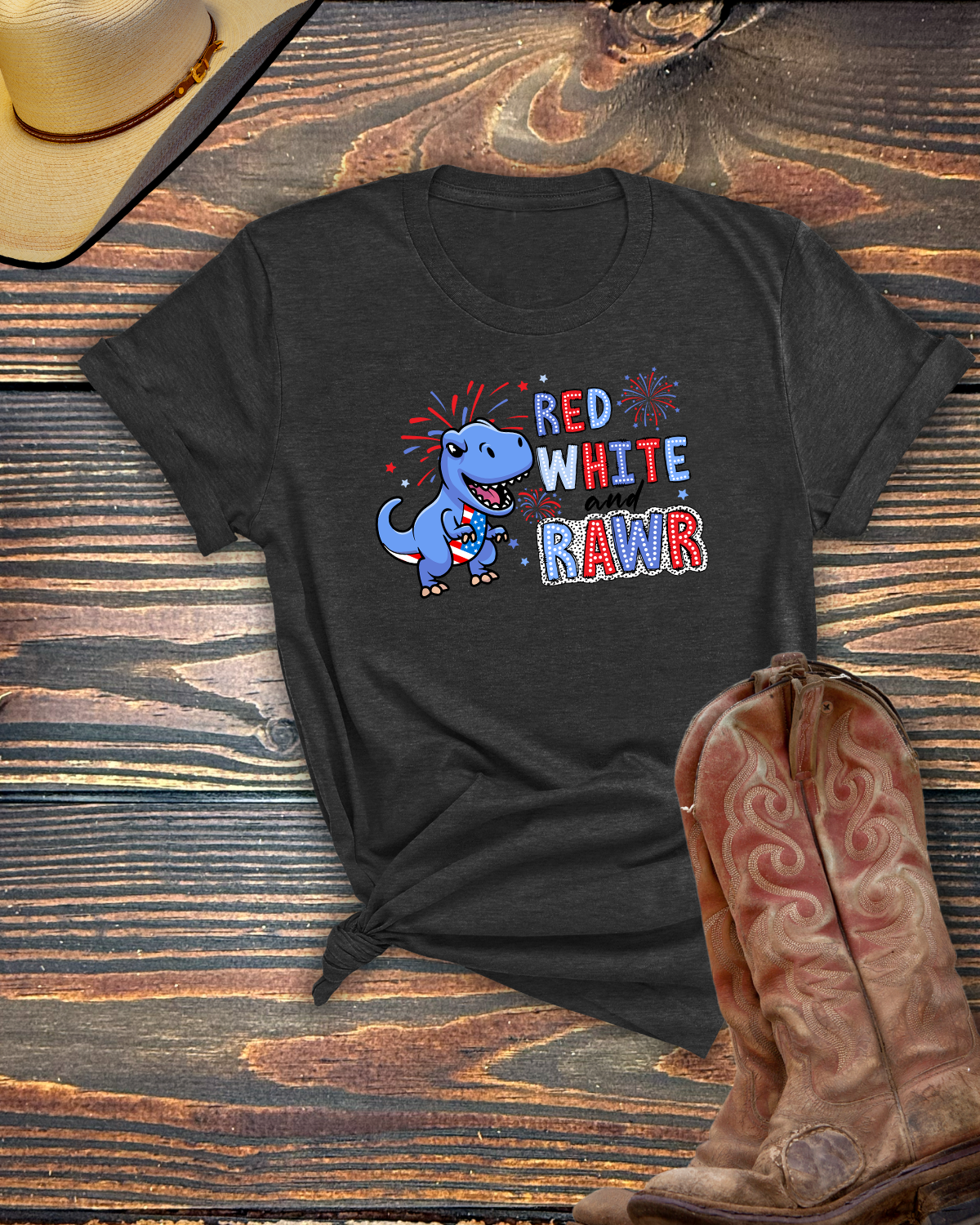 Red White and Rawr Dinosaur Adult Tshirt