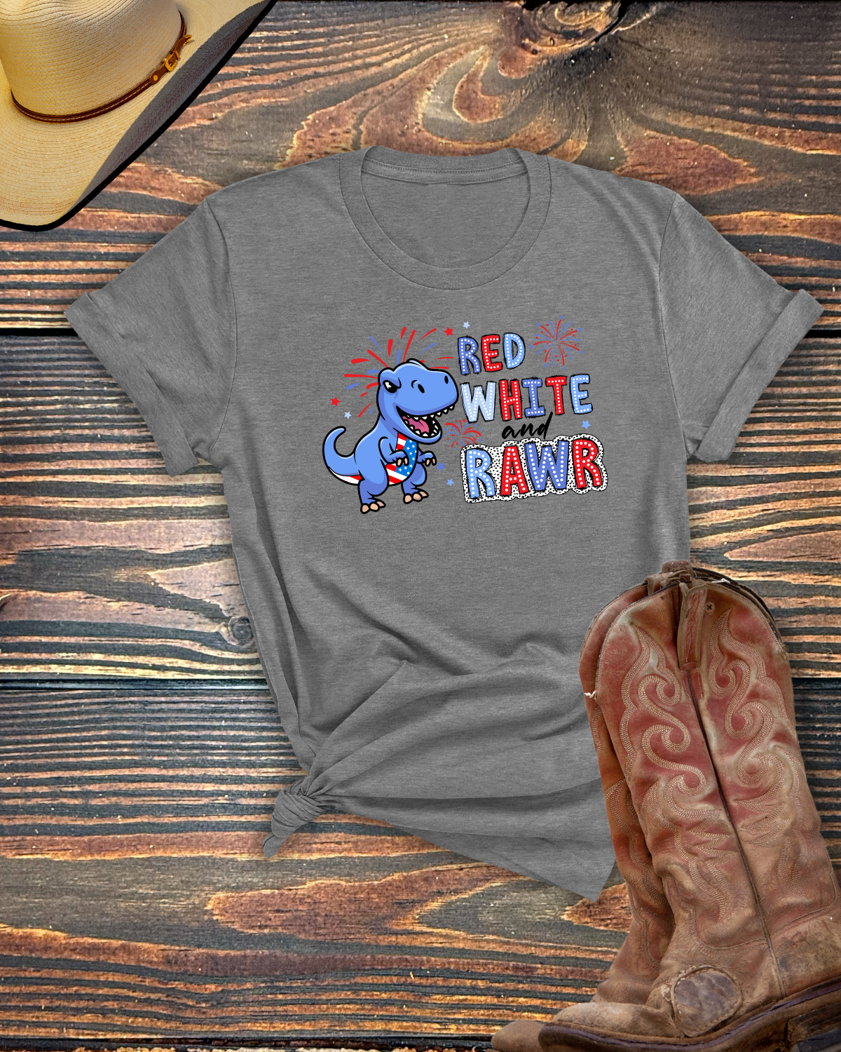 Red White and Rawr Dinosaur Adult Tshirt