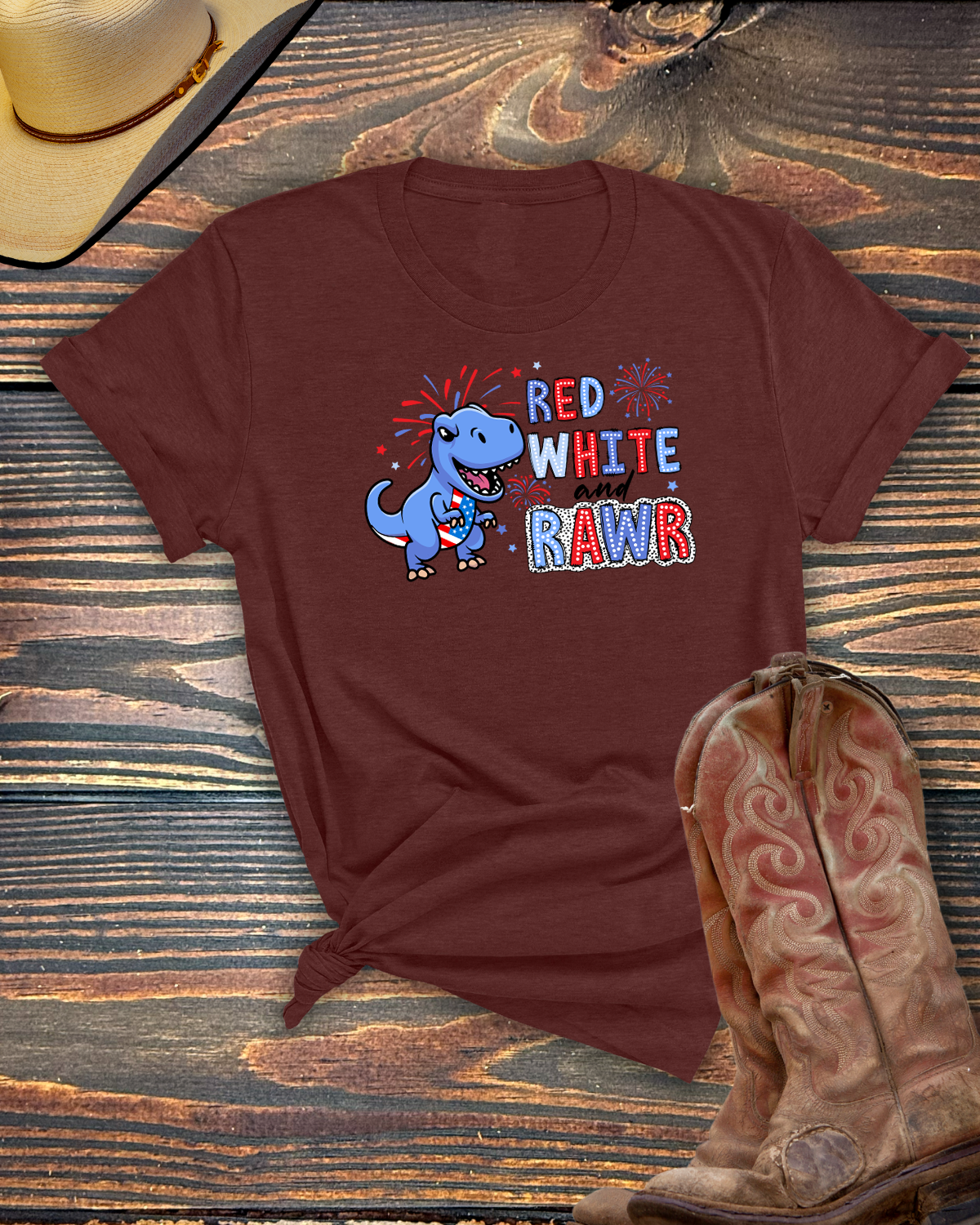 Red White and Rawr Dinosaur Adult Tshirt