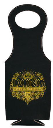 A blackWine Holder with a gold graphic print featuring the text 'DONG GOLD CHAMPION SYNDICATE' and a crown emblem, shown on a plain white background.