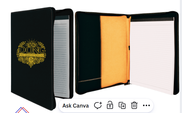 DONG Official 9 1/2" x 12" Black/Gold with Zipper Leatherette Portfolio with Notepad